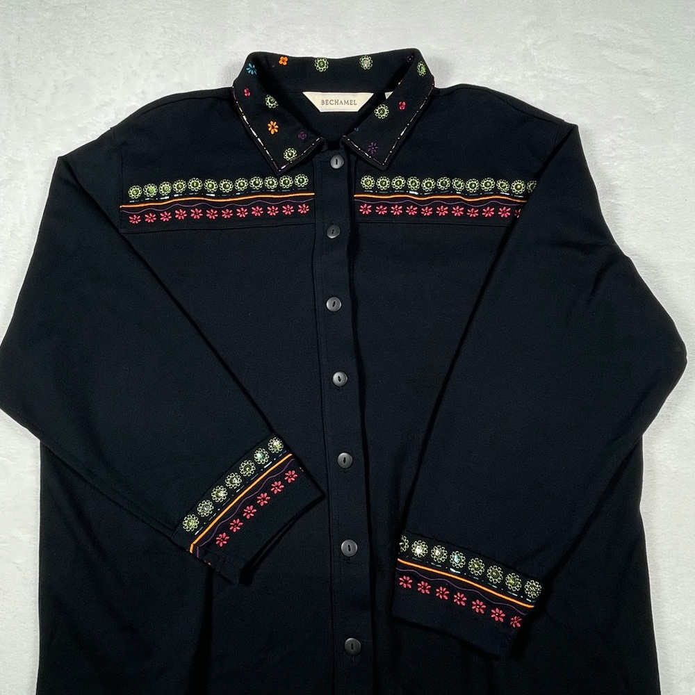 Y2K Vintage Bechamel Black Button-Up boho shirt w/Green&Pink Embroidered Gems